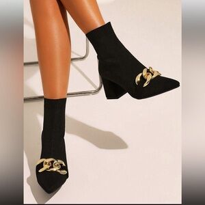 Cuccoo Black Knit-Sock Boots/Heels with Gold-Tone Chain Detail size 41/10